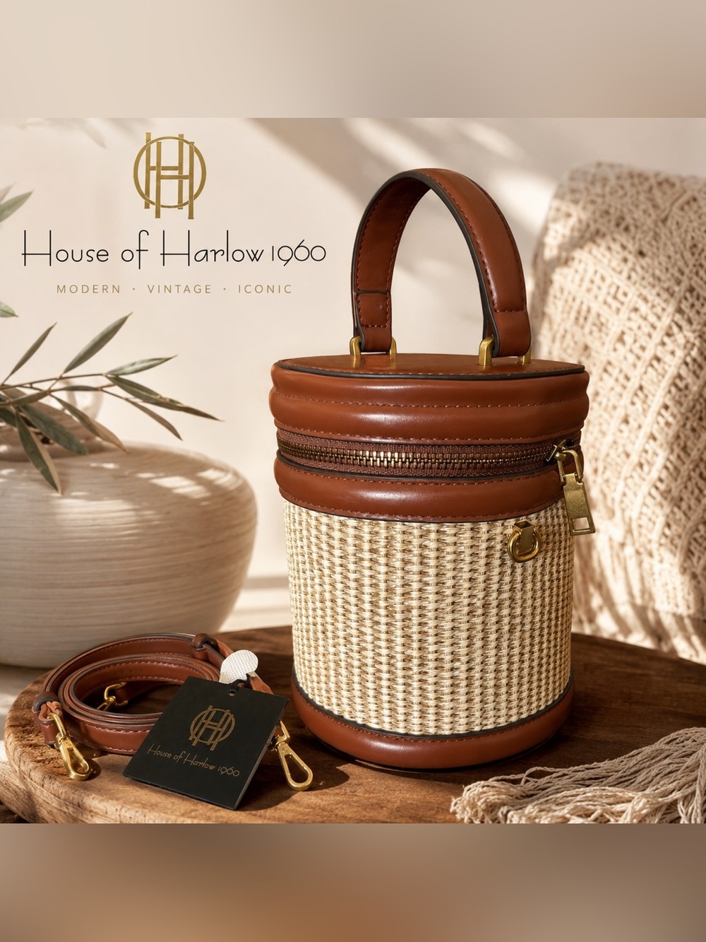 NWT House of Harlow 1960 Woven Bucket Vanity Crossbody Bag Brown Natural